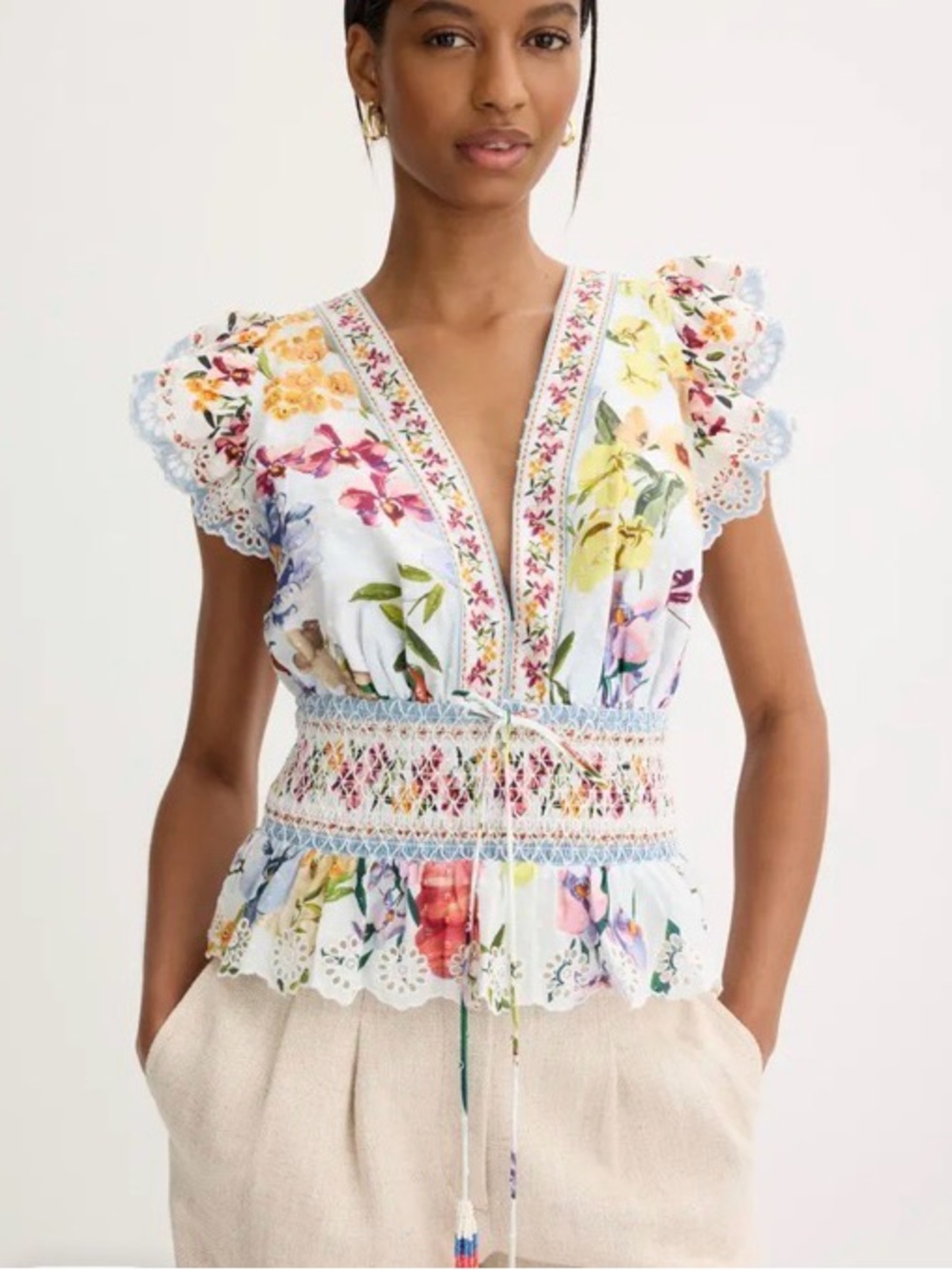 FARM Rio Greek Garden off White Floral Eyelet V neck  Blouse